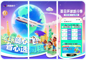 AppLens提供丰富的自定产品页(CPP)素材,同程旅行夏日环球旅行季促销海报、全球随心飞、省心选同程等